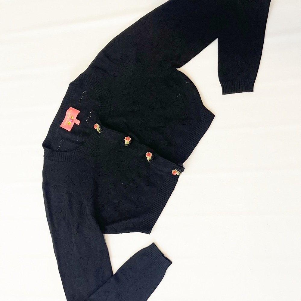 manoush black cropped cardigan with floral buttons and hearts size M